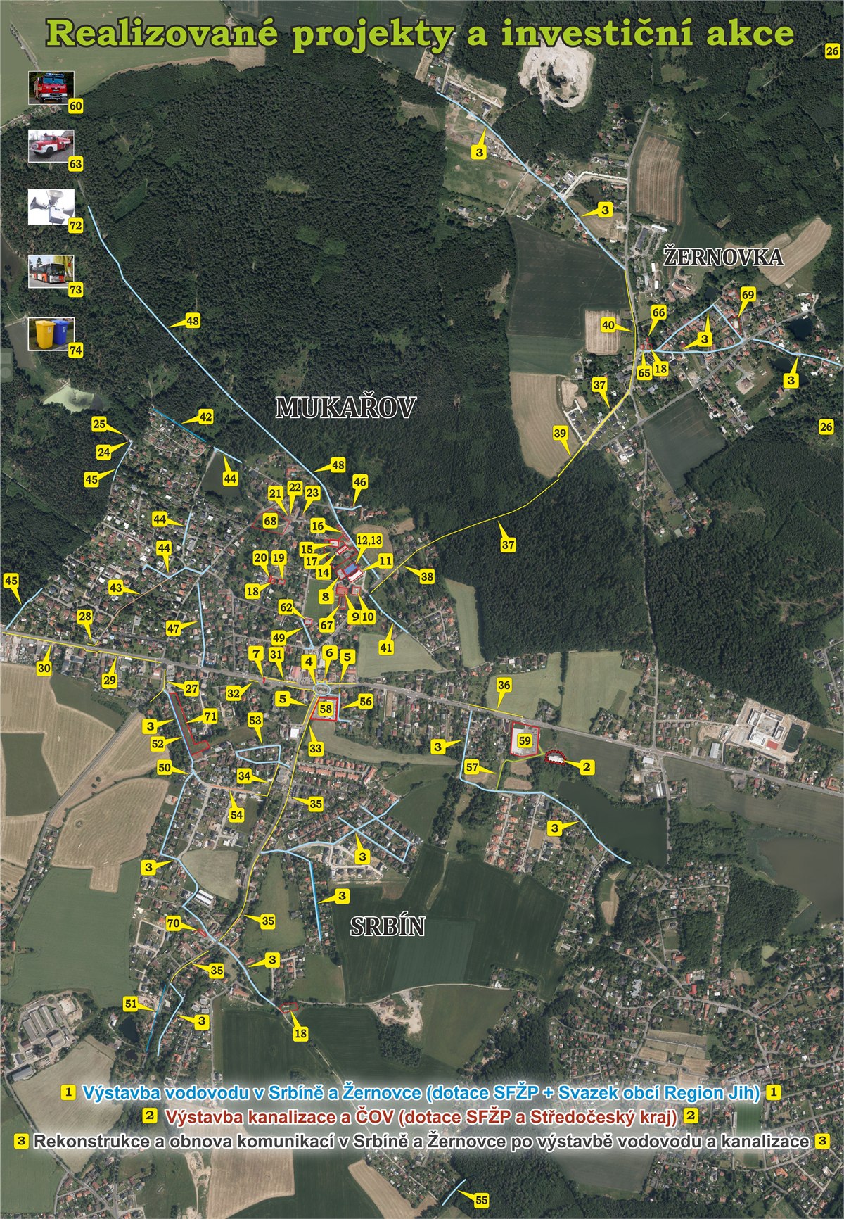 Mapa realizovaných projektů a investičních akcí v Mukařově, Srbíně a Žernovce